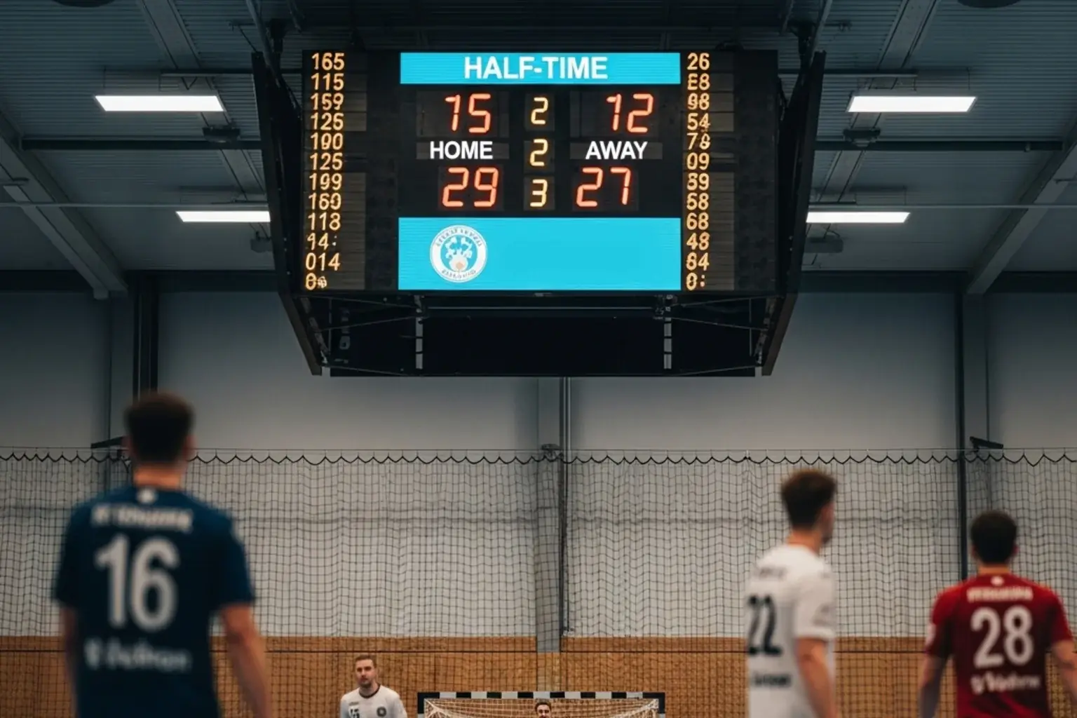 Stor resultattavle med pauseresultat og sluttresultat synlig over innendørs håndballbane
