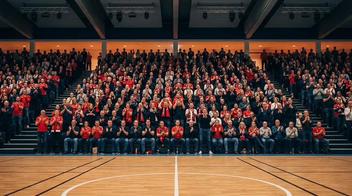 Pakket norsk håndballhall med tilskuere i tribunene under en toppliga-kamp.