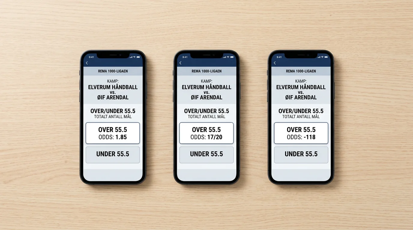 Tre mobilskjermer som viser samme håndball-marked i desimal, brøk og amerikansk format