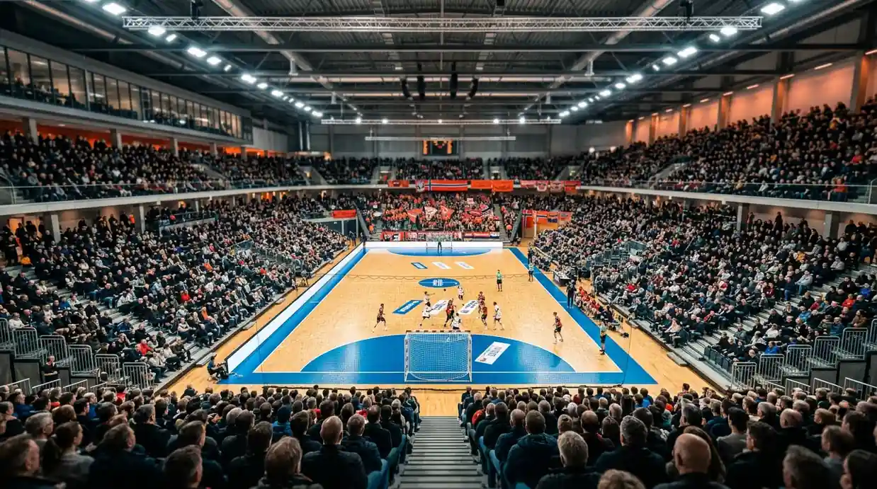Bredbilde av en fullsatt norsk håndballarena med oransje og blå publikumsseksjoner.